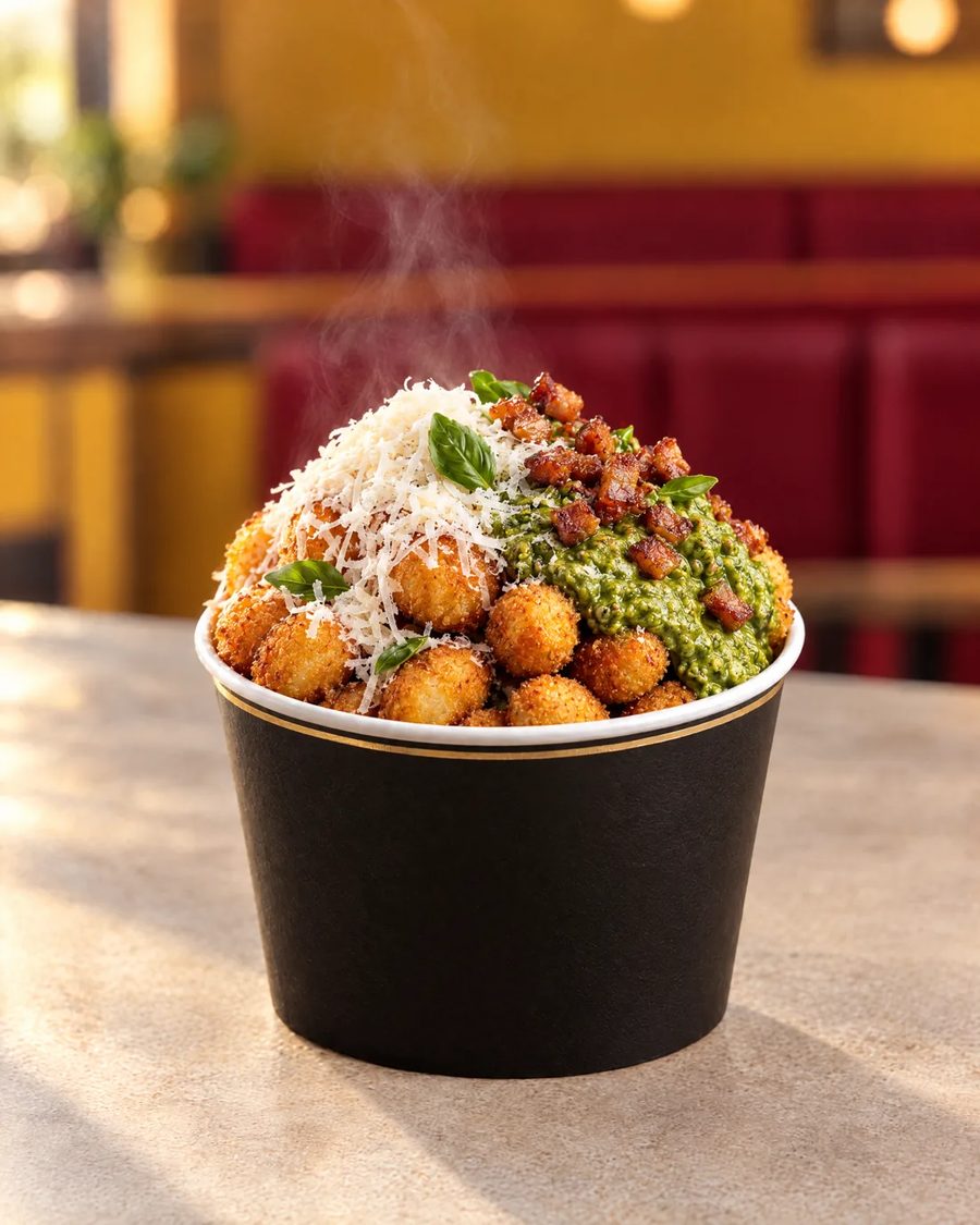 Un pot de gnocchi croustillants au pesto et au parmesan