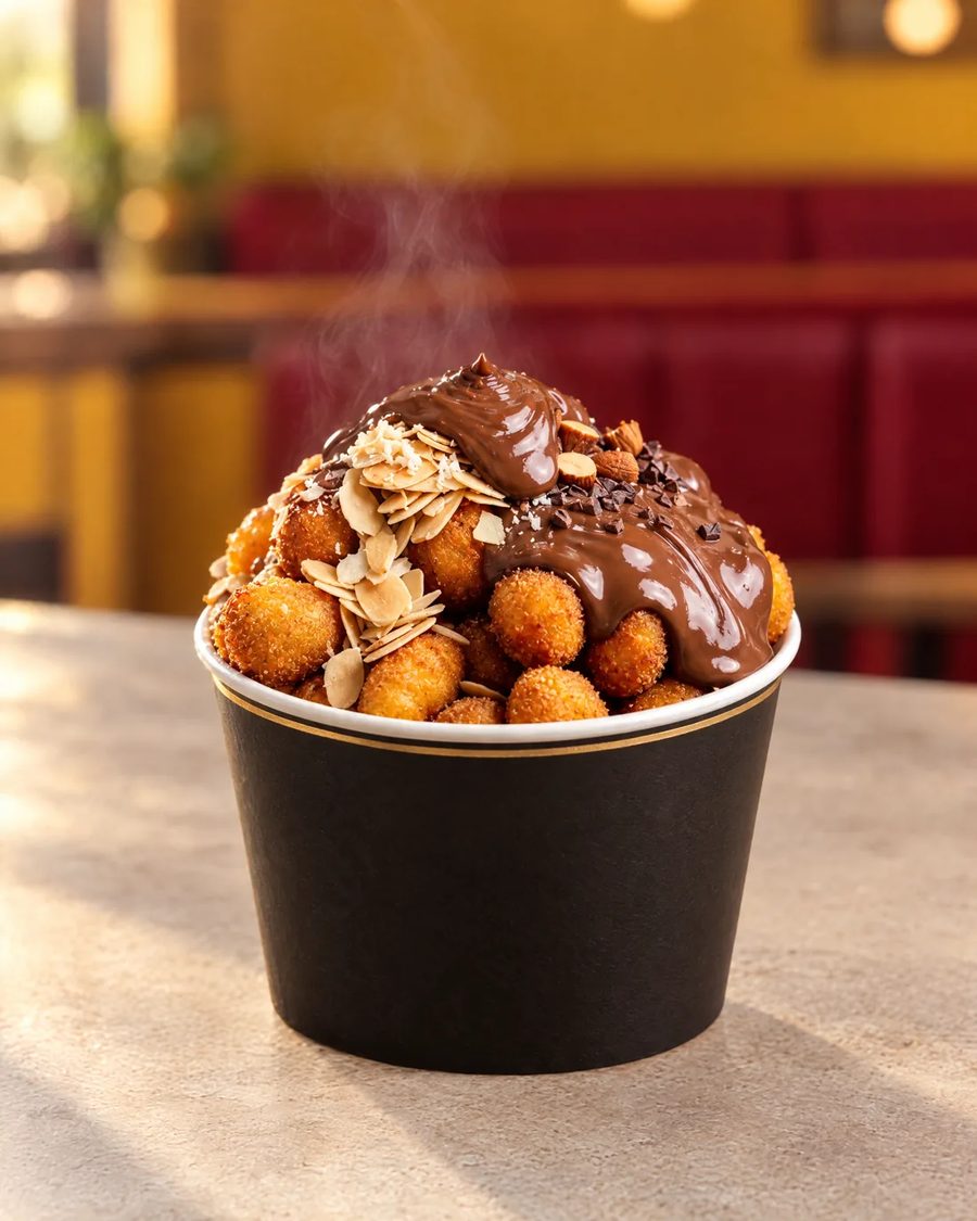Un pot de gnocchi croustillants au chocolat fondant et aux amandes grillées
