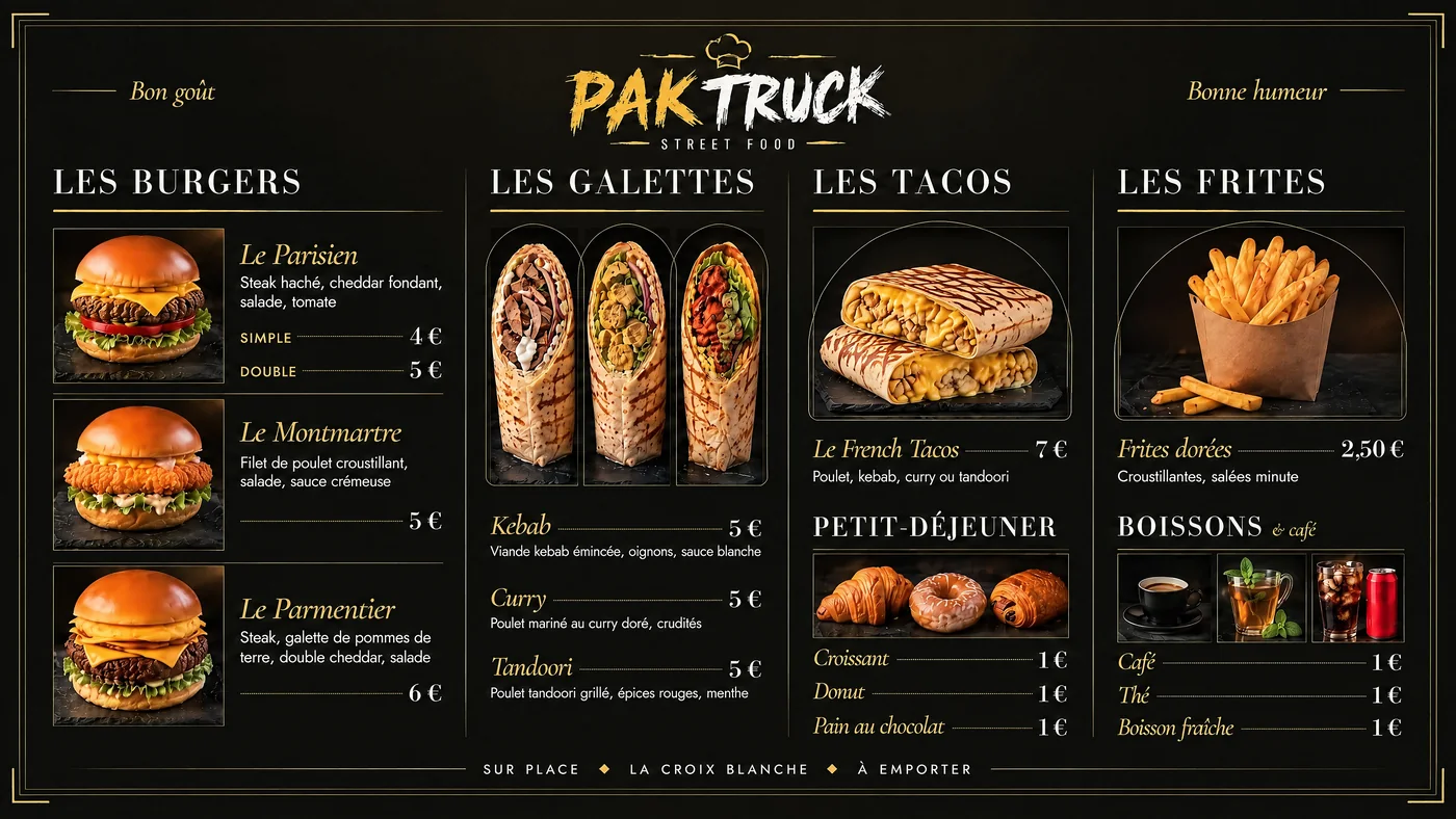 Le menu board de Chez PAK : burgers, galettes, tacos et frites sur fond noir et or